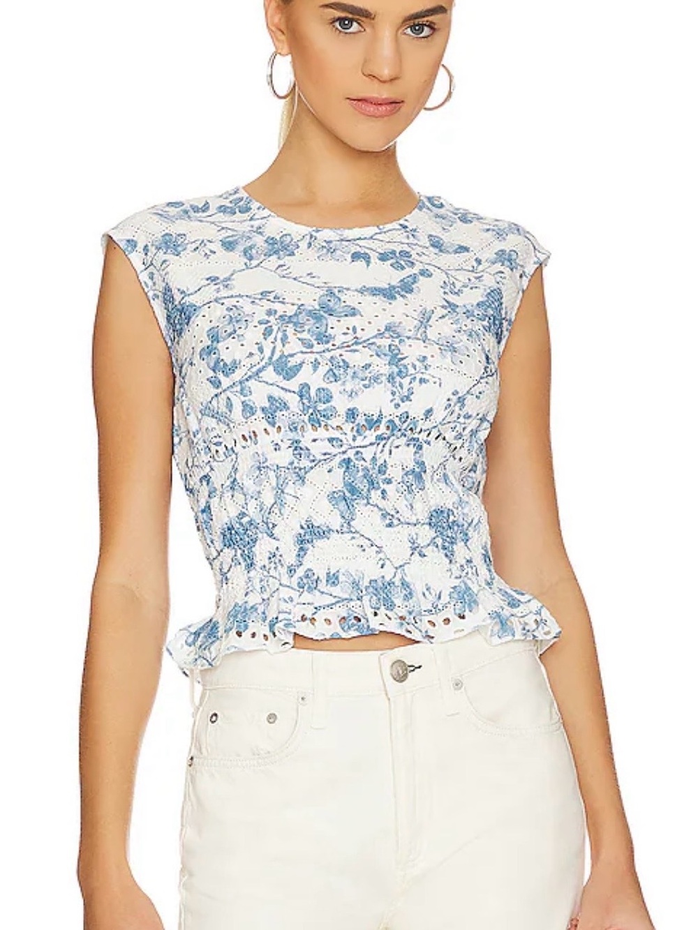 Steve Madden White and Blue Floral Eyelet Crop Top